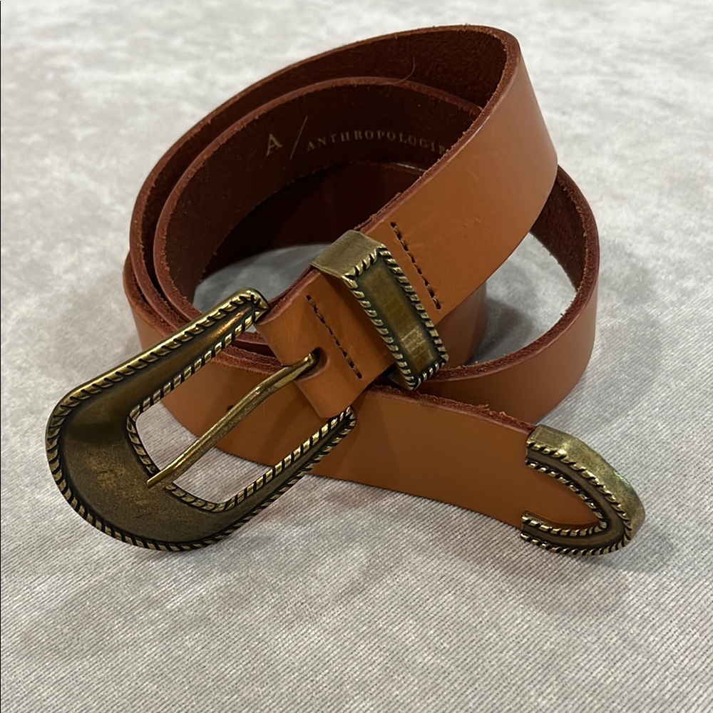 Anthropologie Brown Leather Belt with Brass Buckle